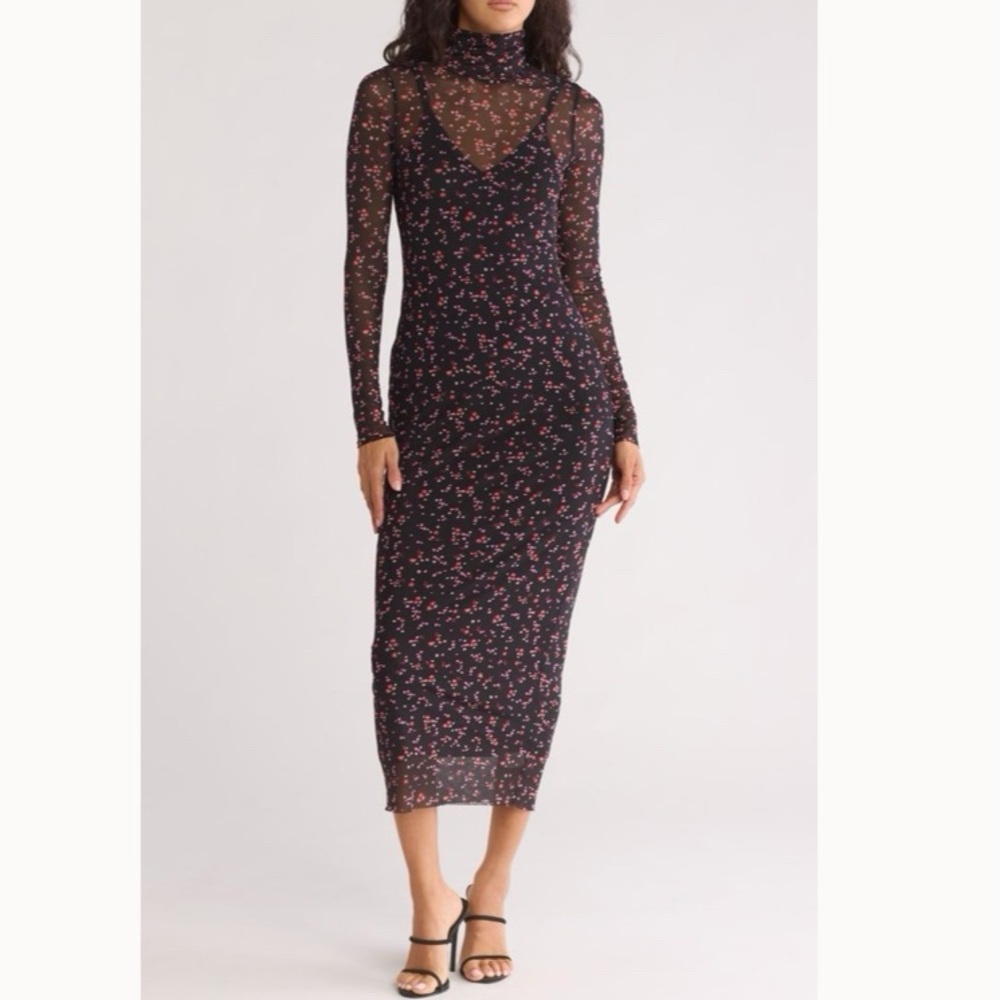 AFRM Marni Turtleneck Black and Pink Floral Long Sleeve Mesh Dress- S